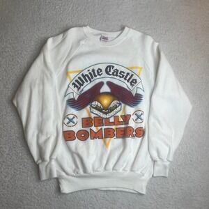 RARE 1989 White Castle men's white "belly bombers" crew neck sweatshirt anvil xl